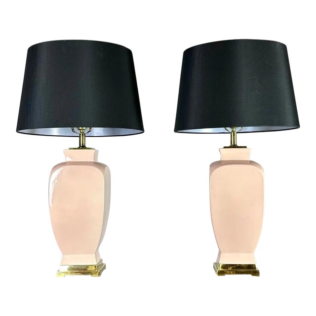 Vintage 1980’s Deco Moderne Ceramic and Brass Ginger Jar Urn Lamps in Light Coral by Sunset Lamp Corp For Sale