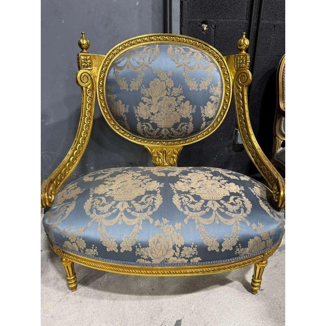 French Louis XV Blue Accent Chair With Gold Leaf For Sale - Image 10 of 12