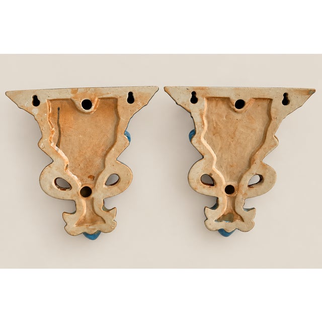 Ceramic Vintage Ceramic Wall Brackets Sconces Fleur-De-Lis Blue and Brown Glazed – A Pair For Sale - Image 7 of 8