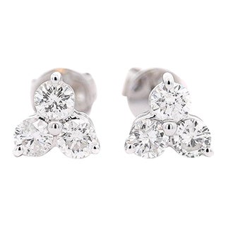 Natural 0.60 Cttw Diamond Three-Stone Cluster Stud Earrings - 2 Pieces For Sale