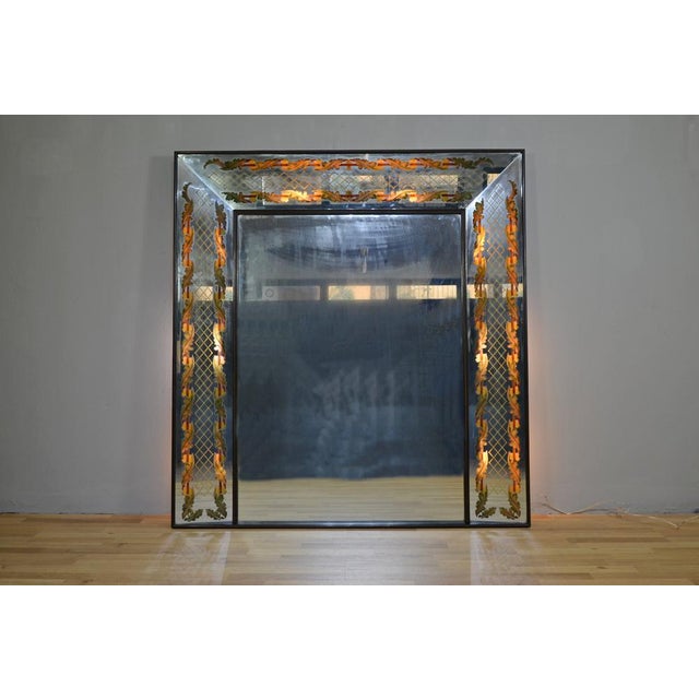 Great decorative mirror of the mid -century of Luigi Brusotti, 1940s. Large mirror, backlit along the perimeter. Solid...