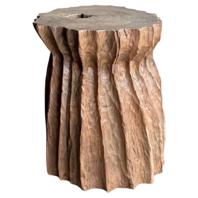 Sculptural Teak Wood Side Table Organic Fluted Form With Hand-Carved Texture For Sale - Image 6 of 7