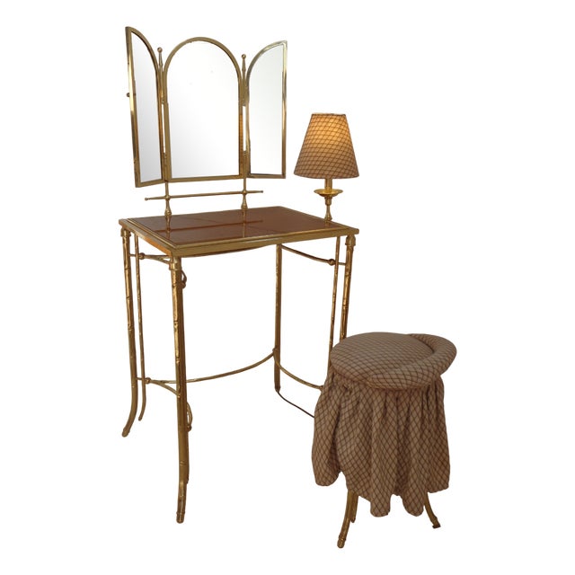 Dressing Table with Lamp and Seat in Faux Bamboo, 1950s, Set of 2 For Sale