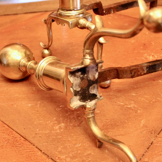 Pair of Antique American Cannon Ball Top Brass Andirons For Sale - Image 9 of 12