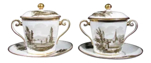 19th Century English Spode Porcelain Chocolate Cups & Covers Hand Painted En Grisaille - 4 Pieces