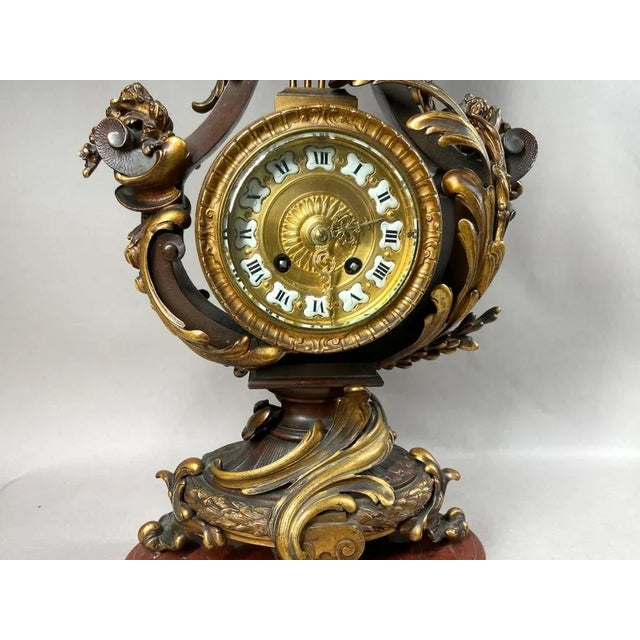 French Antique 19th Century Bronze Lyre Clock (1840-1860) With Original Patina and Marble Base For Sale - Image 3 of 12