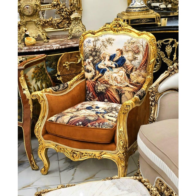 French French Louis XV Bergère Chair With Romantic Tapestry Upholstery, Velvet Panels & Hand-Gilded Gold Leaf Frame For Sale - Image 3 of 7