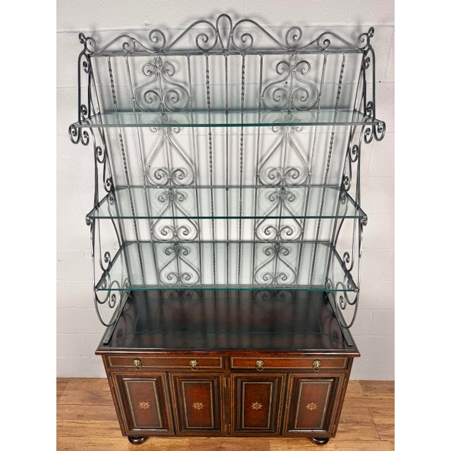 Maitland Smith Neoclassical Leather Wrapped Base Ornate Ironwork Baker’s Rack For Sale In Charlotte - Image 6 of 12