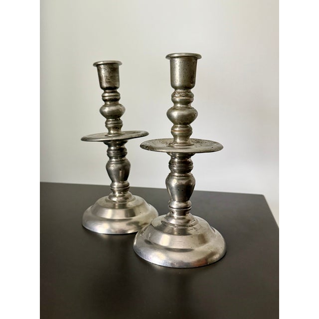 KMD Royal Holland Daalderop Vintage Mid-Century Royal Holland KMD Daalderop Pewter Candlesticks – Pair For Sale - Image 4 of 7