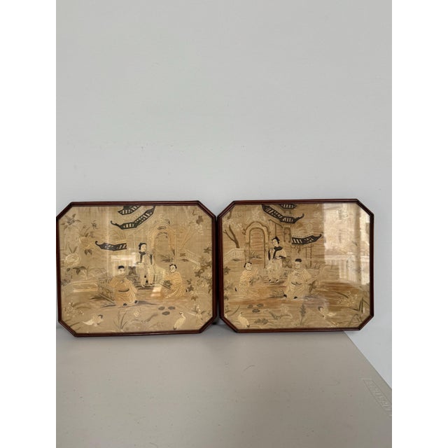 Tan 19th C. Framed Chinese Qing Dynasty Silk Monochromatic Embroidery Panels - A Pair For Sale - Image 8 of 11