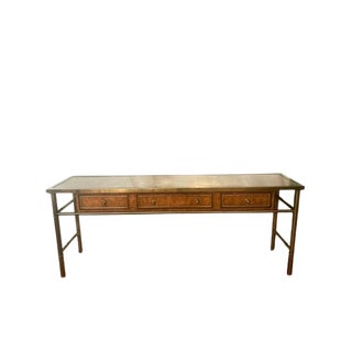 1970’s Mastercraft Attributed Brass Clad Faux Bamboo and Burl Wood 3 Drawer Console Table For Sale