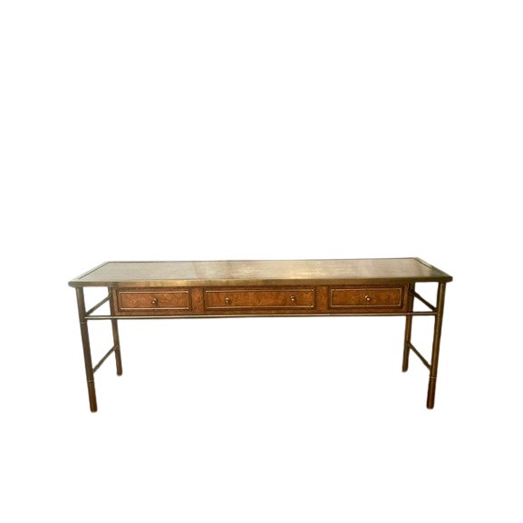 1970’s Mastercraft Attributed Brass Clad Faux Bamboo and Burl Wood 3 Drawer Console Table For Sale