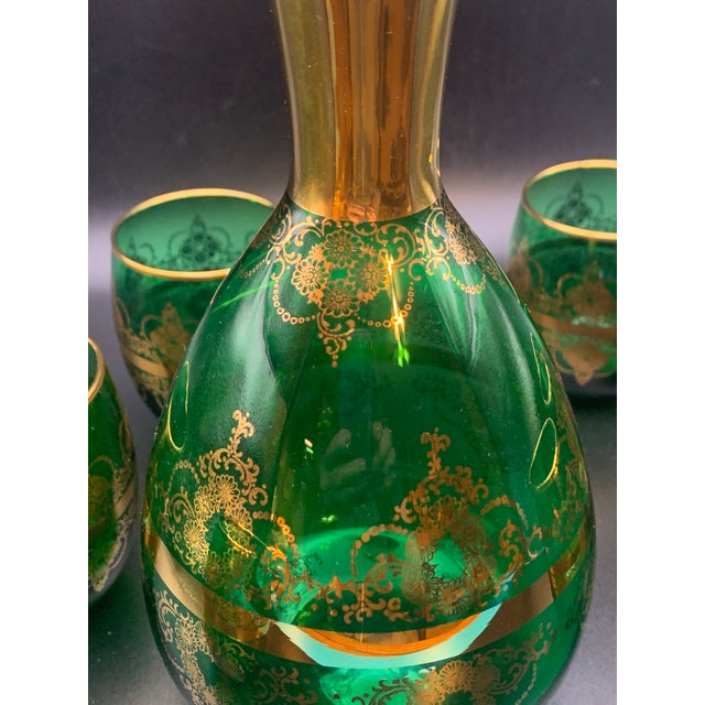 Vintage Emerald Green Glass Gold Leaf Decanter & Glasses Set 7 Pieces