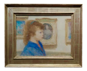 Andre (Gittelson) Gisson -Portrait of a Girl W/ Blue Eyes in a Gallery-Oil Painting