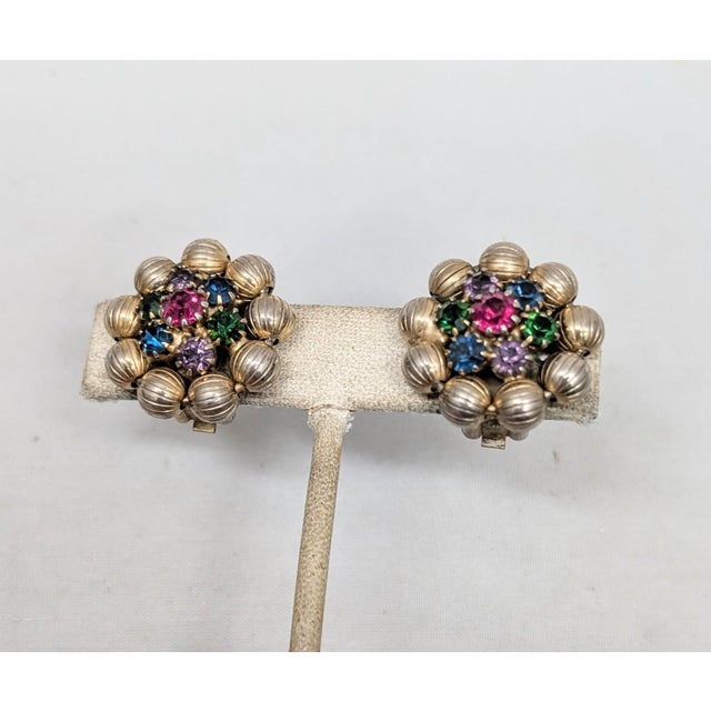 Mid-Century Modern Vintage 1960s Signed Weiss Goldtone Faux-Ruby, Amethyst, Sapphire & Emerald Clip Earrings-2 Pieces For Sale - Image 3 of 7