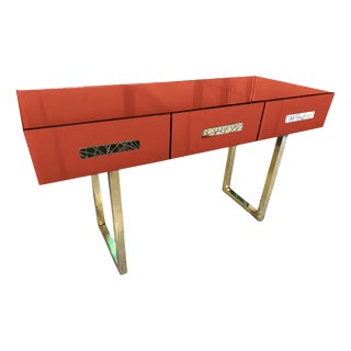 Console Table with Orange Mirror Murano Glass and Brass Finish from Justfurnituress SRL For Sale