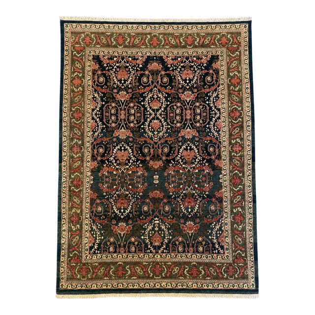 Vintage Turkish Rug 9x12 – Intricate Floral Design in Navy, Green, Ivory & Red For Sale