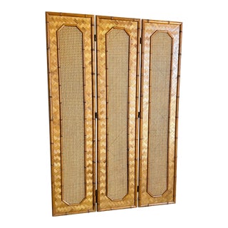 Boho Chic Faux Bamboo Herringbone and Cane Room Divider/Screen - 3 Panels For Sale