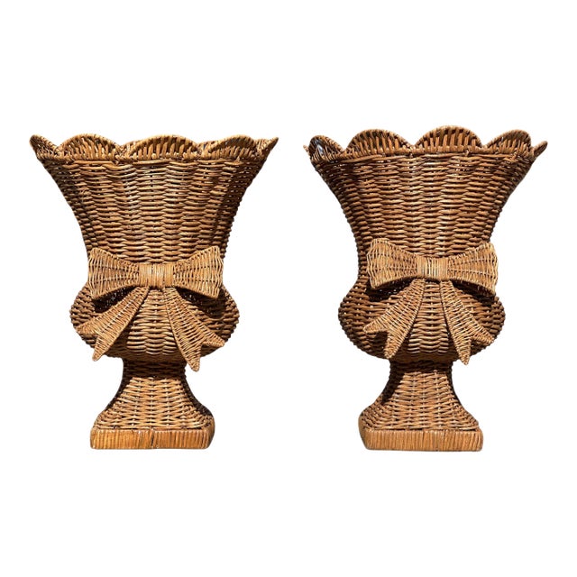 Pair Woven Rattan/Wicker Urns With Bows For Sale