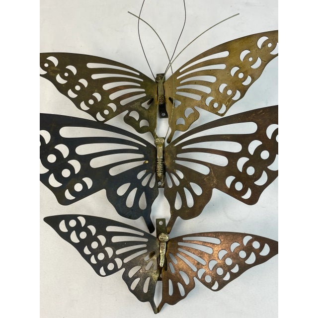 Metal Vintage Set of 3 Brass Butterfly Wall Hangings For Sale - Image 7 of 13