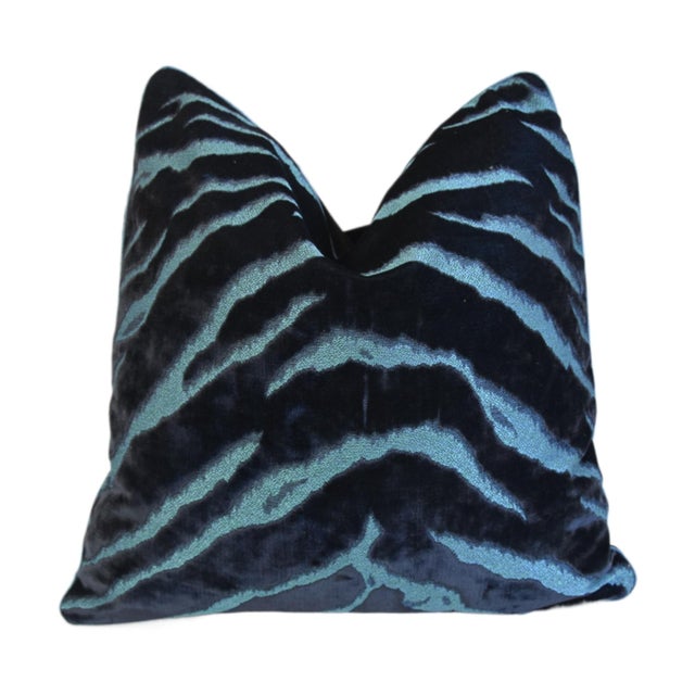 Early 21st Century Designer Mokum Animal Bengal Tiger Sapphire Velvet Feather/Down Pillow 21" Square For Sale - Image 5 of 7