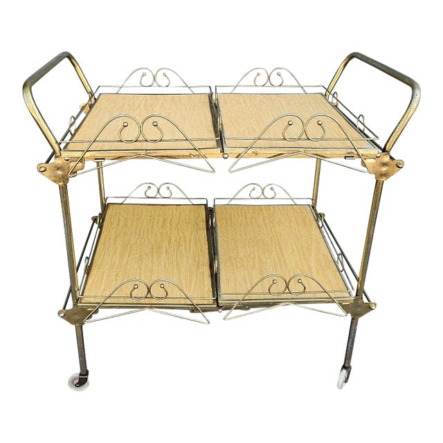 1950s Vintage Cesare Lacca Style Rolling and Folding 4-Tray Bar Cart For Sale