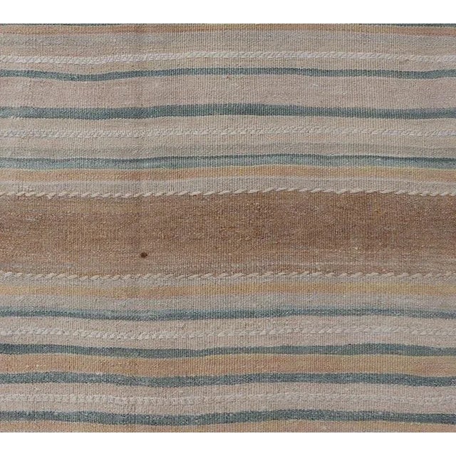 Mid 20th Century Vintage Turkish Kilim Rug With Horizontal Stipes in Light Brown Blue Taupe Multicolor For Sale In Atlanta - Image 6 of 10