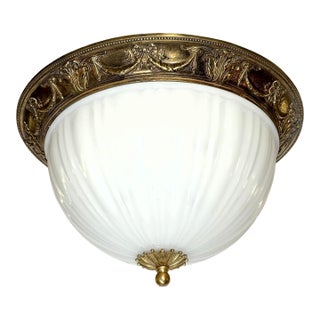 Mid 20th Century Restored Traditional 18 In. White Glass Dome Brass Flush Mount Light For Sale