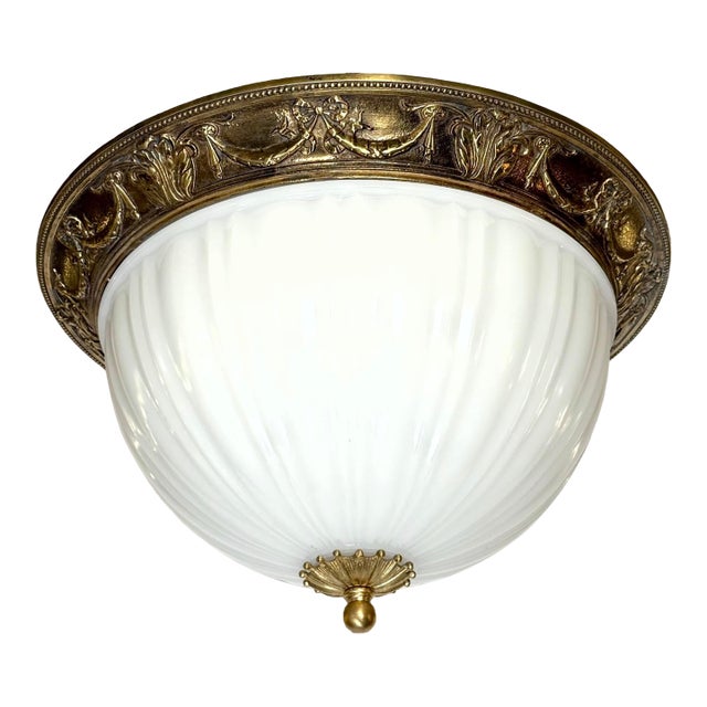 Mid 20th Century Restored Traditional 18 In. White Glass Dome Brass Flush Mount Light For Sale