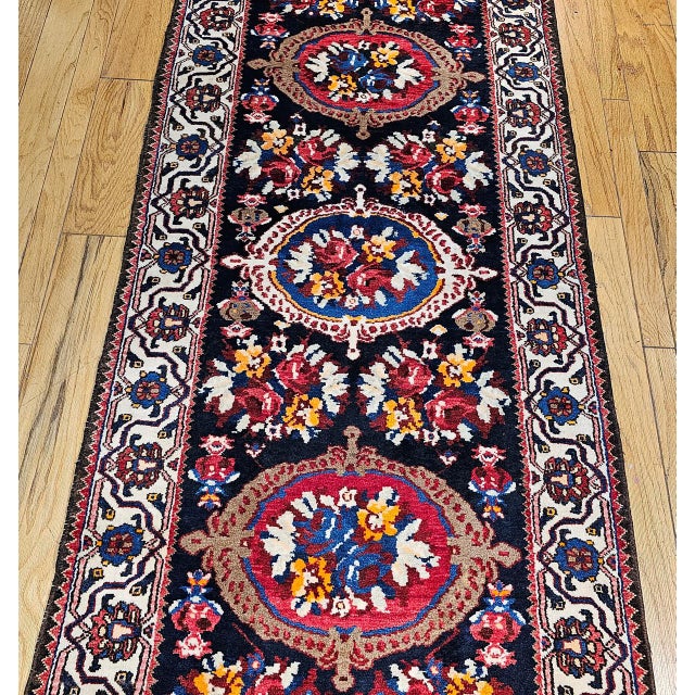 Vintage Persian Bakhtiari Wide Runner, Handwoven Wool, Floral Bouquet Design, Navy & Red, 4x13 For Sale - Image 11 of 17