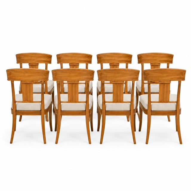 Set of 8 Teak Klismos patio chairs. The chairs are made of solid Peruvian Teak. Finished and ready to enjoy. Set is well...