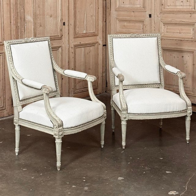 Late 19th Century Pair of French 19th Century Louis XVI Painted Armchairs ~ Fauteuils For Sale - Image 5 of 17