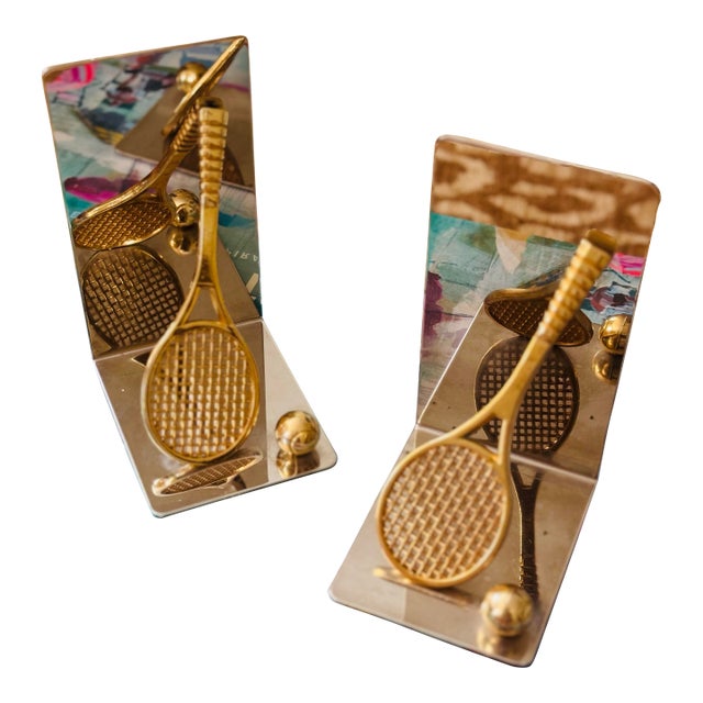 Vintage Chrome and Brass Tennis Racket and Tennis Ball Bookends- A Pair For Sale