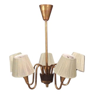 1950s Swedish Modern, Five Arm Chandelier, Patinated Brass For Sale