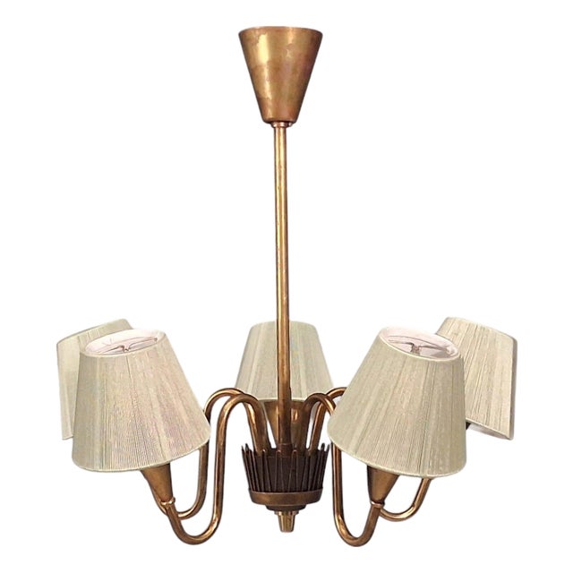 1950s Swedish Modern, Five Arm Chandelier, Patinated Brass For Sale