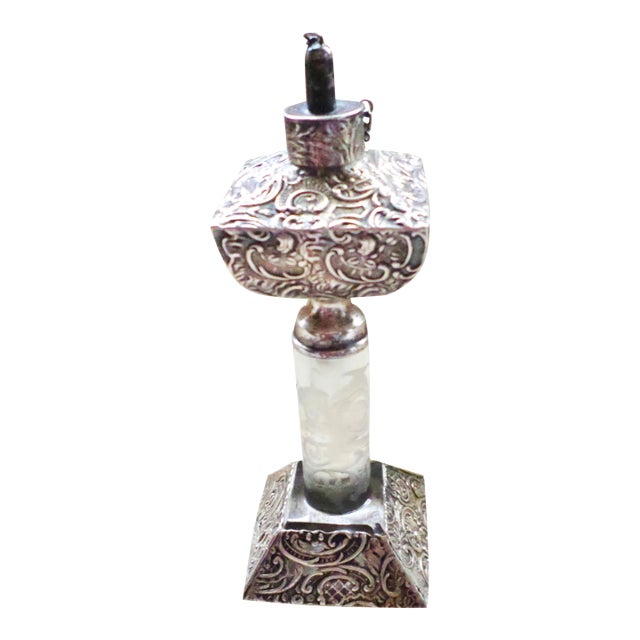 Late 19th Century Antique Sterling Silver Ornate and Etched Crystal Cigar Lighter For Sale