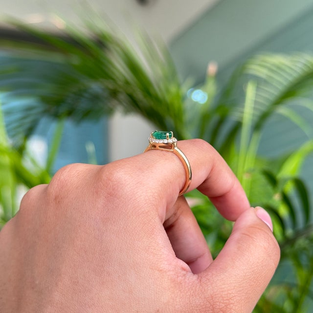 Art Deco High Quality Zambian Emerald Halo Diamond Ring Size 6 in 14k Gold For Sale - Image 10 of 17