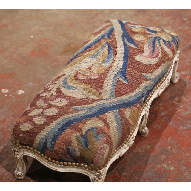 19th Century French Louis XV Painted Footstool With Aubusson Tapestry For Sale - Image 4 of 8