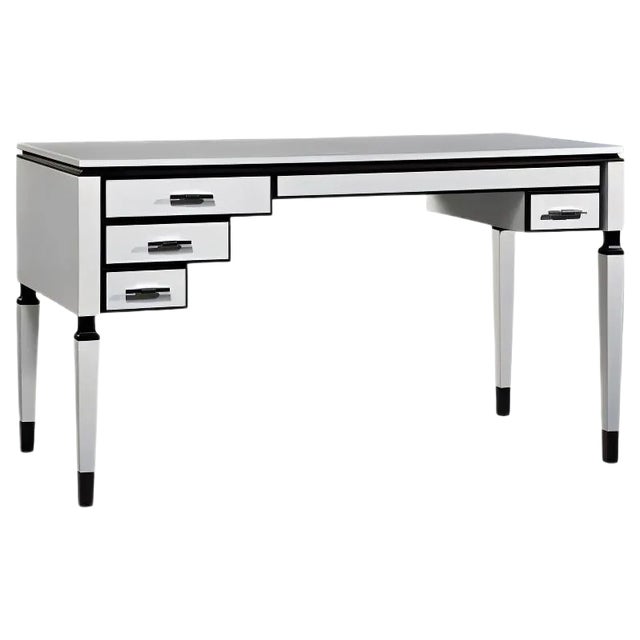 White Finished 4-Draw Asymmetrical Desk with Dark Accents by Jacobo Ventura for CA Spanish Handicraft For Sale