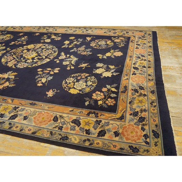 1920s Navy Floral Deco Antique Chinese Peking Handknotted Wool Rug 9' 7" X 13' For Sale - Image 4 of 8