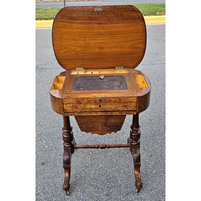 Mid 19th Century 19th Century Victorian Marquetry Burl Walnut Sewing Table For Sale - Image 5 of 11