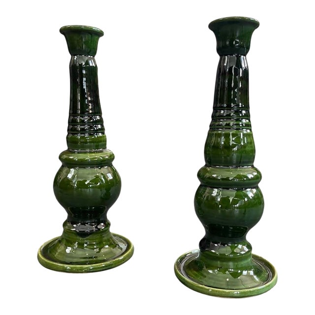 Pair of Moroccan Emerald Green Glazed Ceramic Candlesticks For Sale