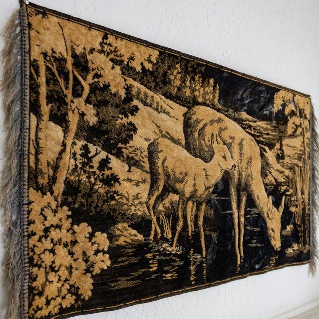 Belgian Woodland Deer Tapestry in Slate Blue and Taupe With Silk Fringe For Sale - Image 9 of 13