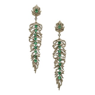 Emerald and Diamond Feather Motif Dangle Earrings For Sale