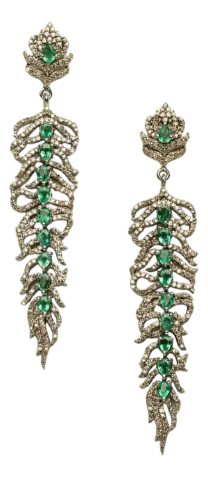 Emerald and Diamond Feather Motif Dangle Earrings