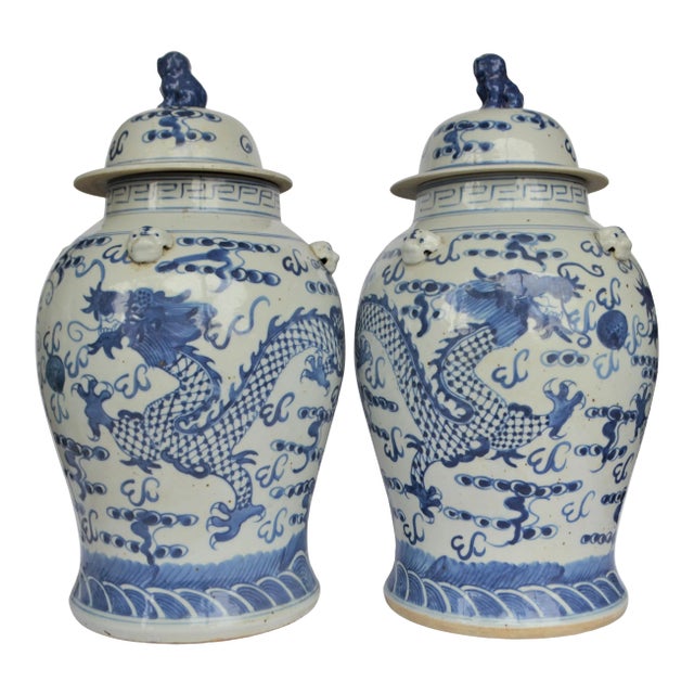 Chinoiserie White & Blue Dragon Ginger Jar - a Pair For Sale