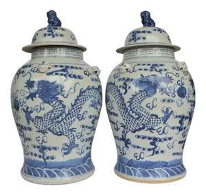 Chinoiserie White & Blue Dragon Ginger Jar - a Pair
