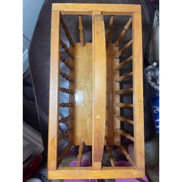 Farmhouse Vintage Wooden Spindle Magazine Rack With Arched Handle For Sale - Image 3 of 5