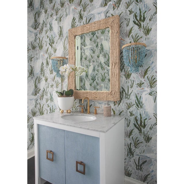 New special order item. Not vintage. The April bath vanity exudes feminine grace with elegant, textured light blue linen...