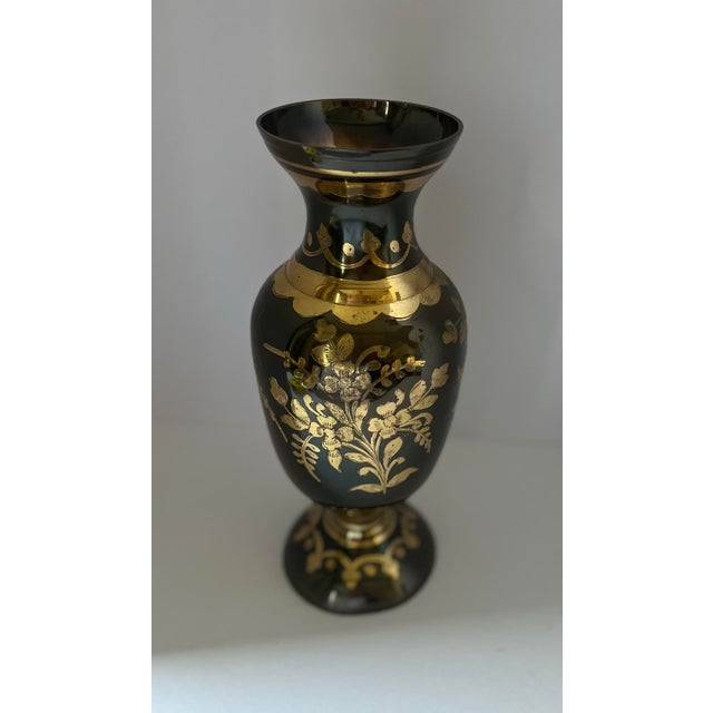 Mid-Century Modern Vintage Black and Brass Etched Embossed Floral Design Vase Made in India For Sale - Image 3 of 9
